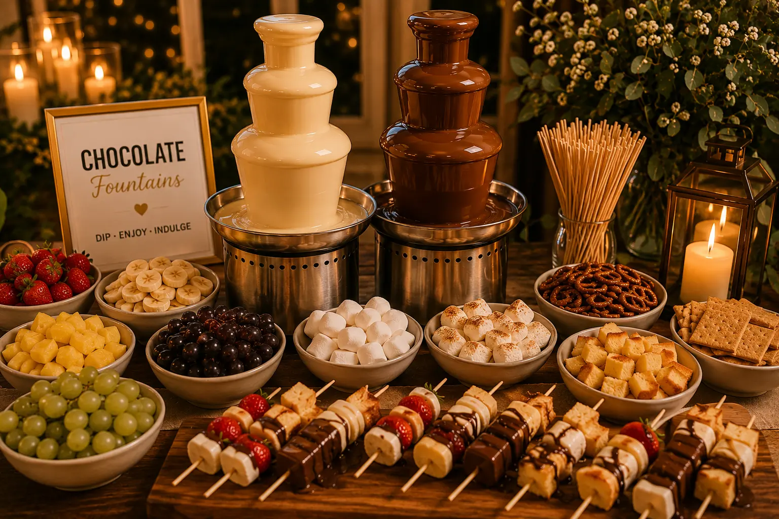 Elegant chocolate fountain surrounded by fruit, marshmallows and pastries