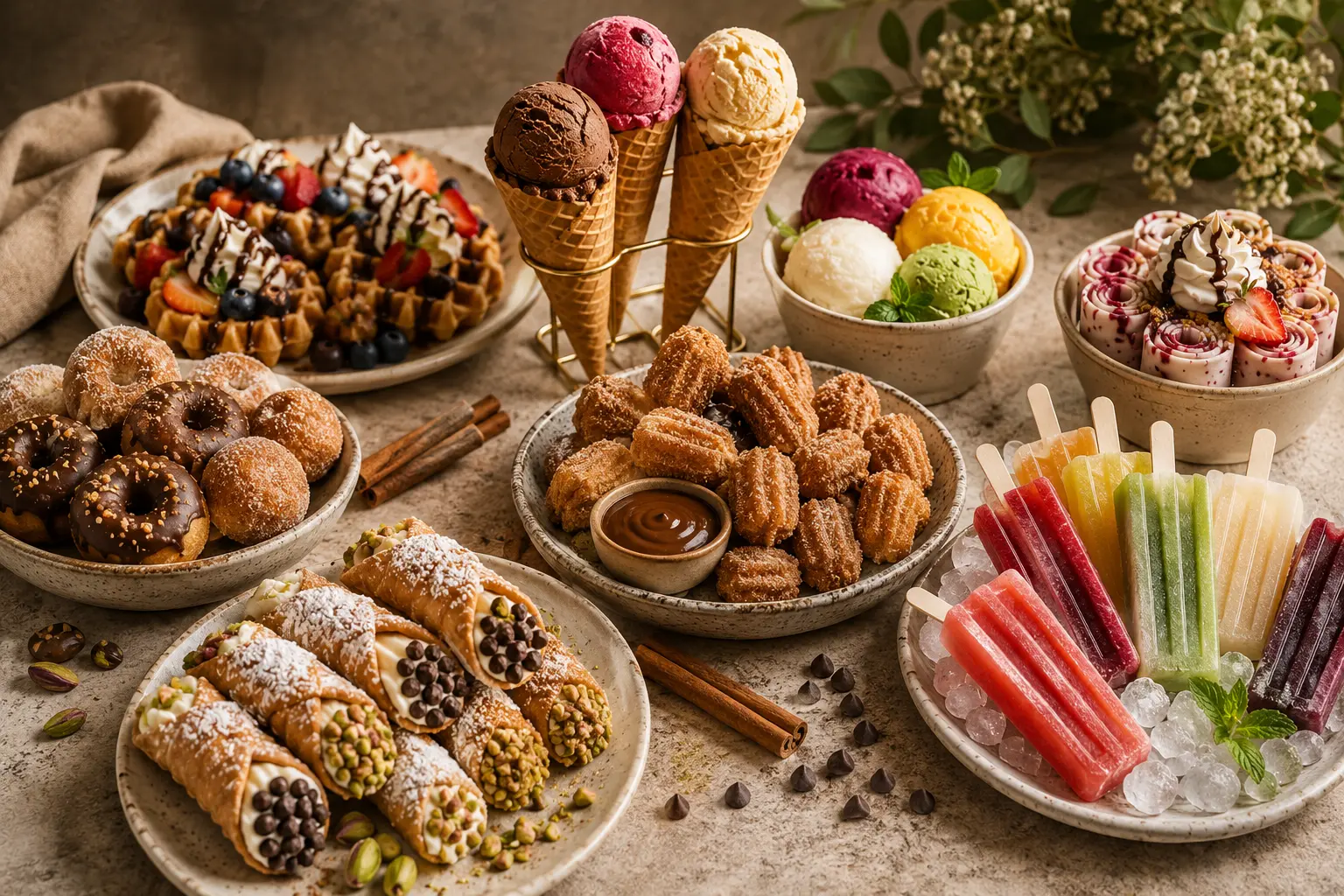 Elegant selection of desserts including mini churros, pancakes, waffles, donuts, gelato and cannoli
