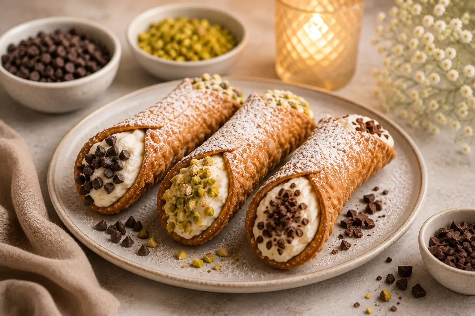Freshly stuffed cannoli elegantly arranged on a dessert plate