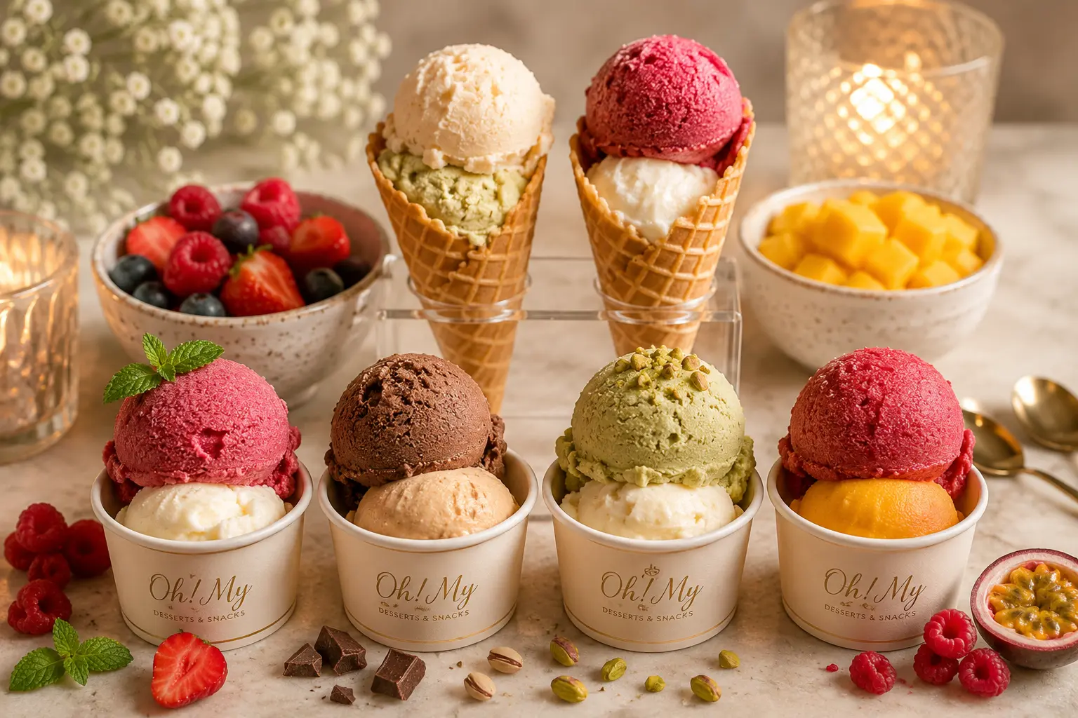 Scoops of colorful gelato and sorbet served in elegant cones and cups
