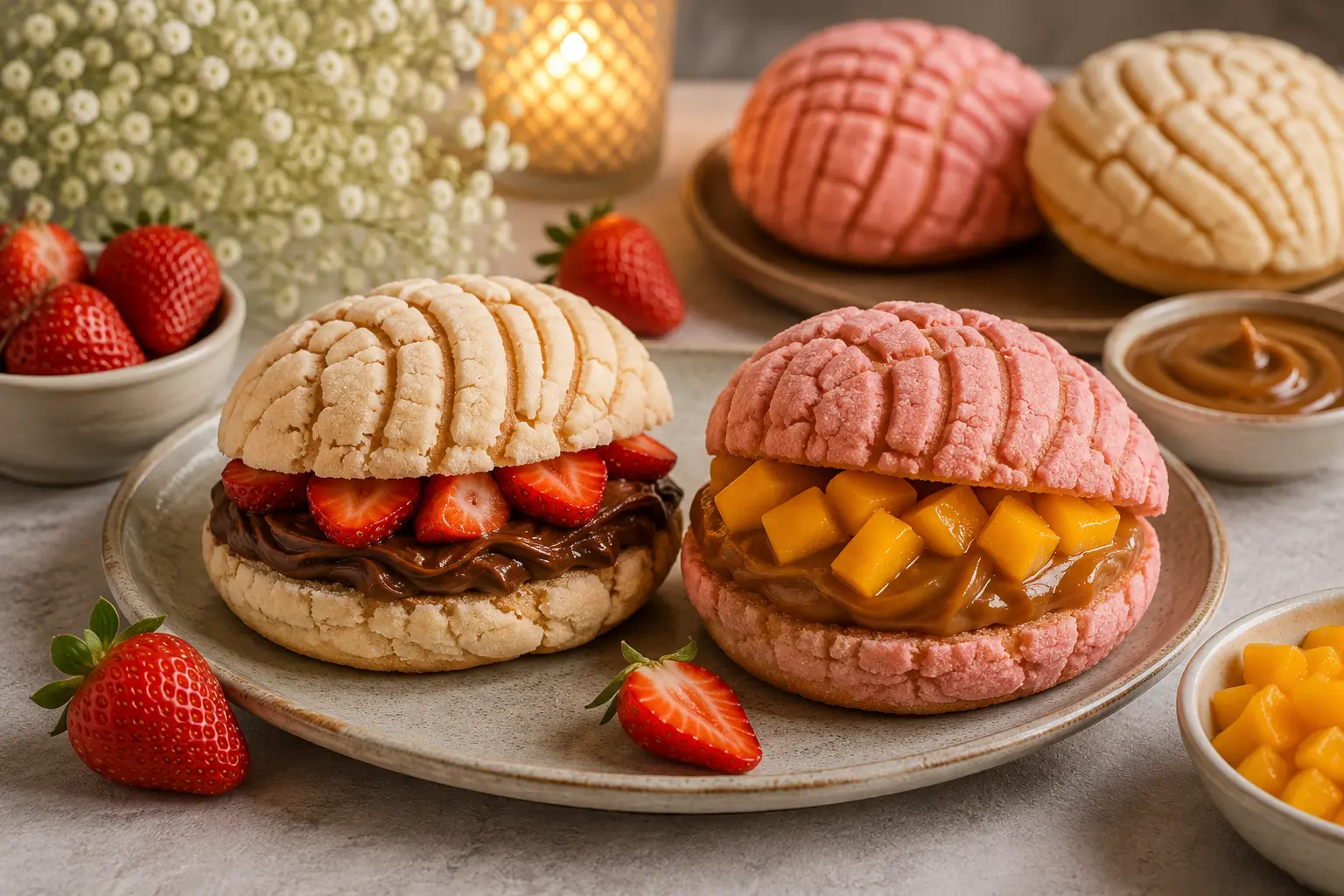 Fresh Mexican conchas elegantly presented as individual desserts