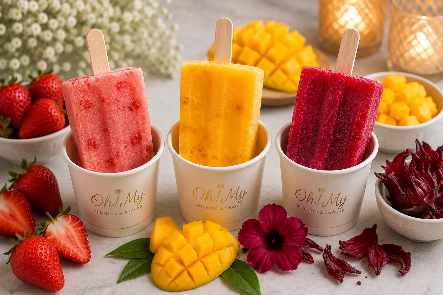 Colorful Mexican fruit paletas served over ice