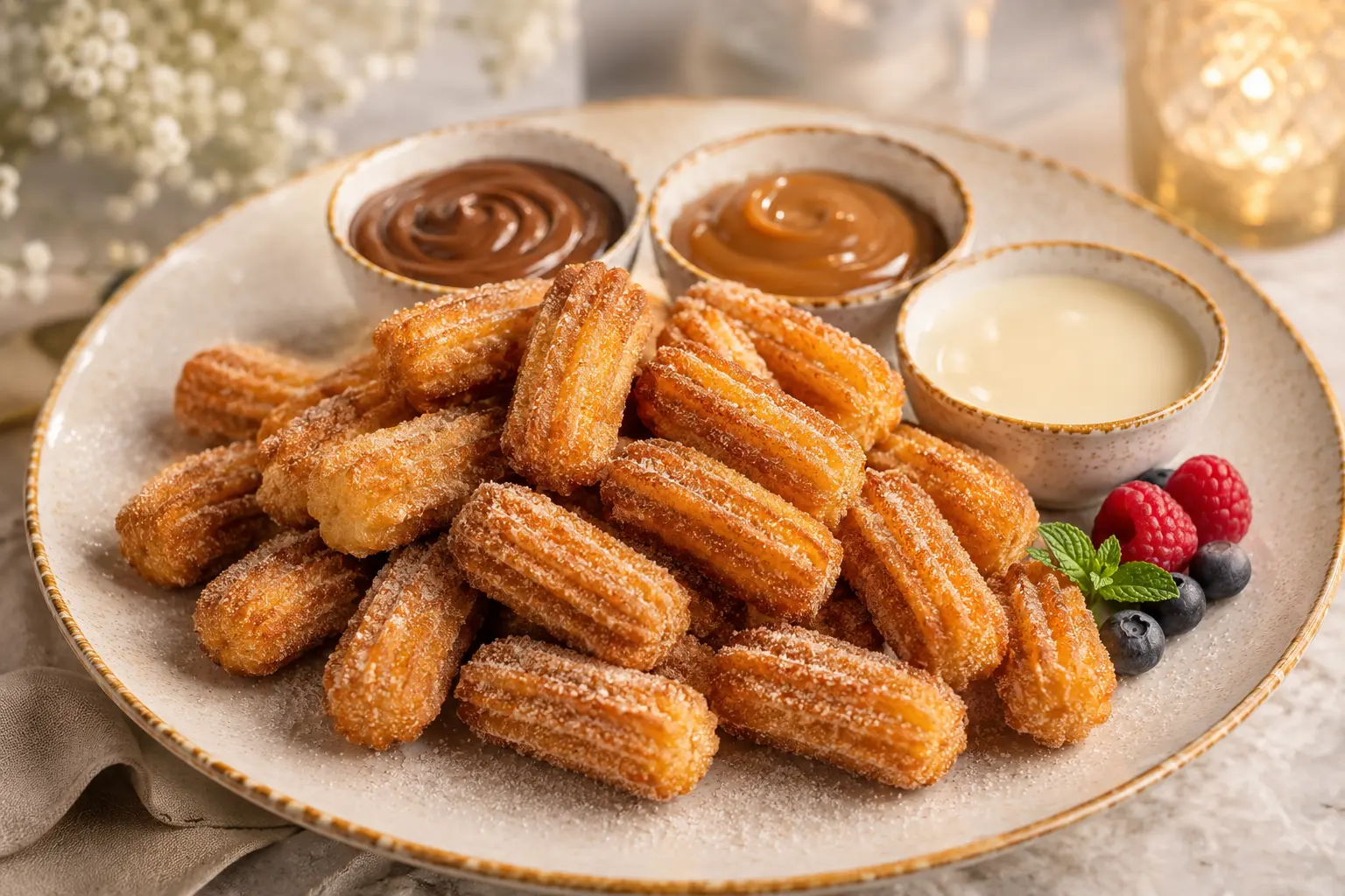 Bite-sized mini churros served on an elegant plate