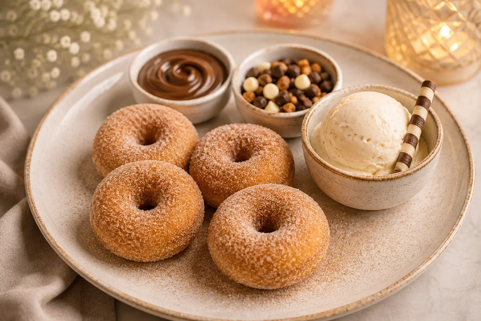 Fresh mini donuts elegantly served with chocolate glaze and colorful toppings