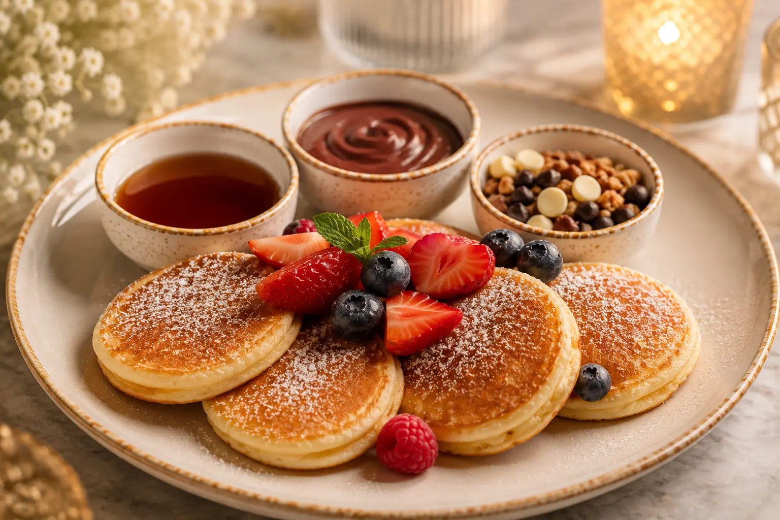 Stack of warm mini pancakes elegantly served with fruit and toppings