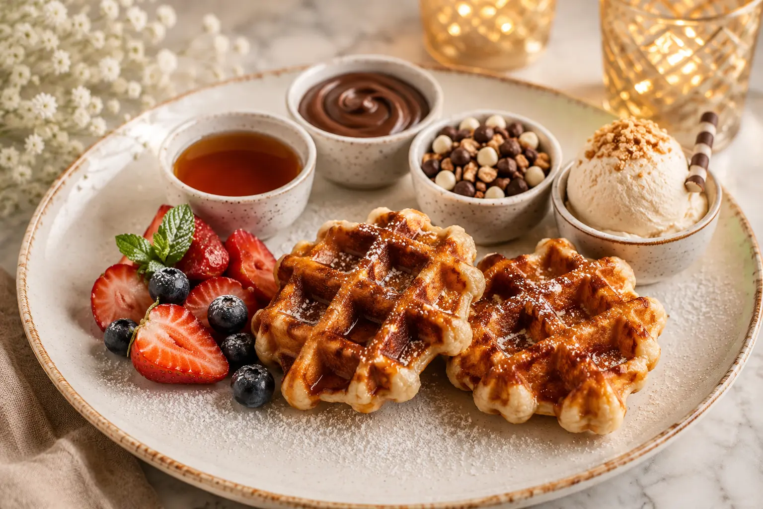 Golden mini waffles elegantly plated with fresh fruit and toppings