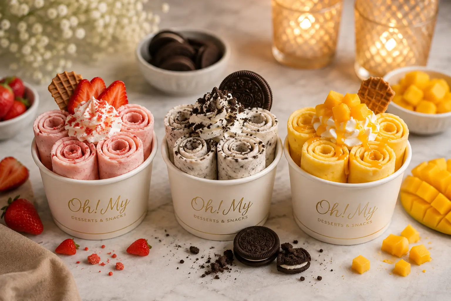 Fresh rolled ice cream prepared and served with toppings