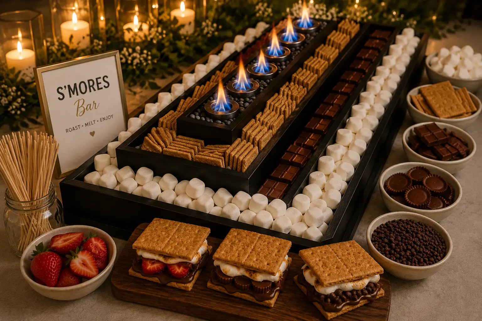 Elegant s'mores dessert setup with chocolate, marshmallows and graham crackers