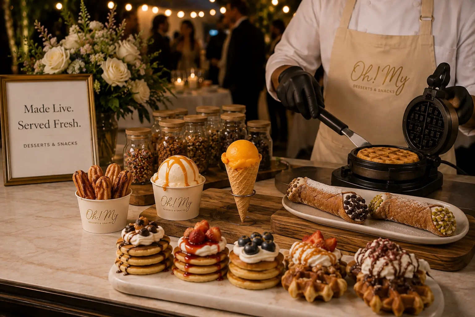 Live dessert station featuring mini churros, gelato, sorbet, cannoli, pancakes and waffles