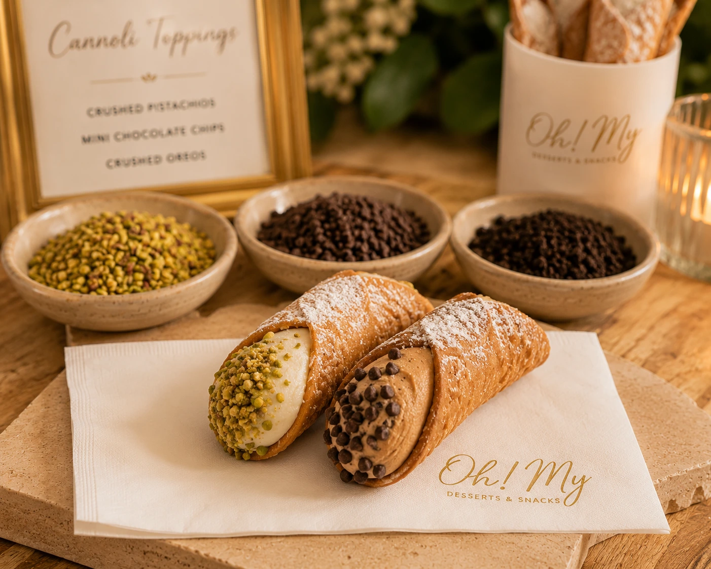 Freshly filled cannolis with ricotta and espresso cream, finished with premium toppings